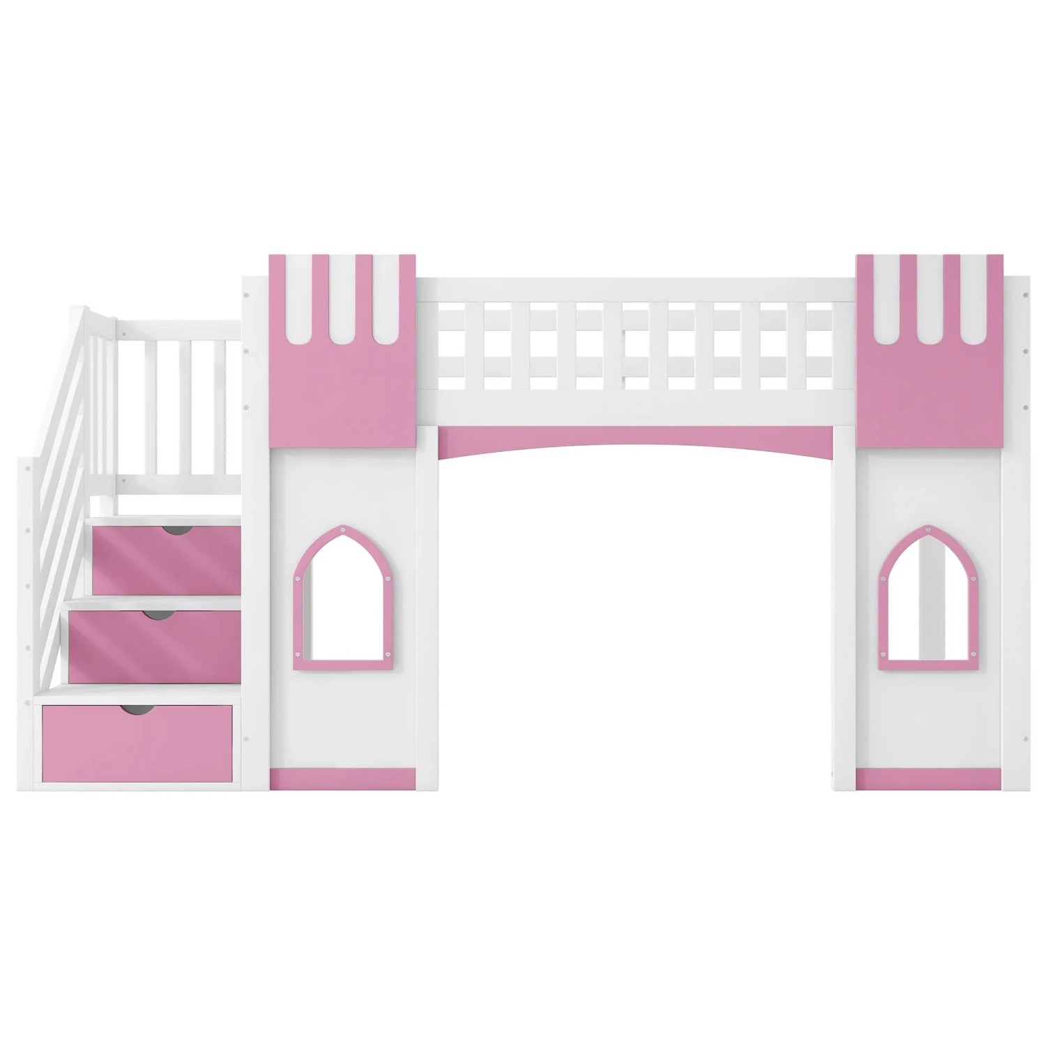 Merax Hochbett 90x200 cm mit Stauraumtreppe Fenster Weiß Rosa