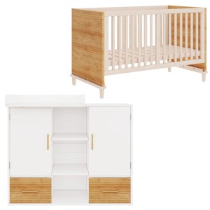 Merax Wickeltisch Set und Gitterbett aus Kiefernholz in Weiß/Natur. Babybett und Wickelkommode mit Stauraum.