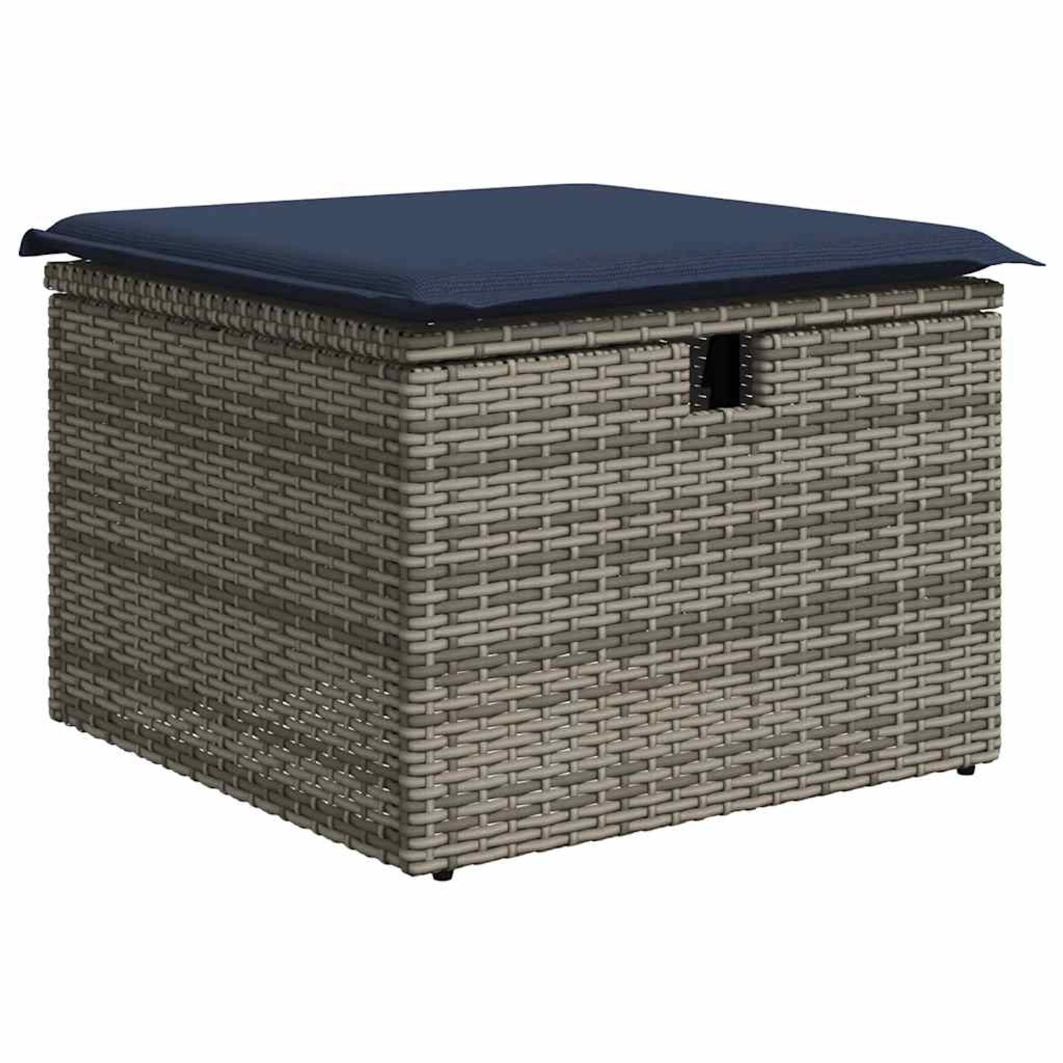 Grauer vidaXL Gartenmöbel-Fußhocker aus Rattan mit blauem Kissen und Stauraum.