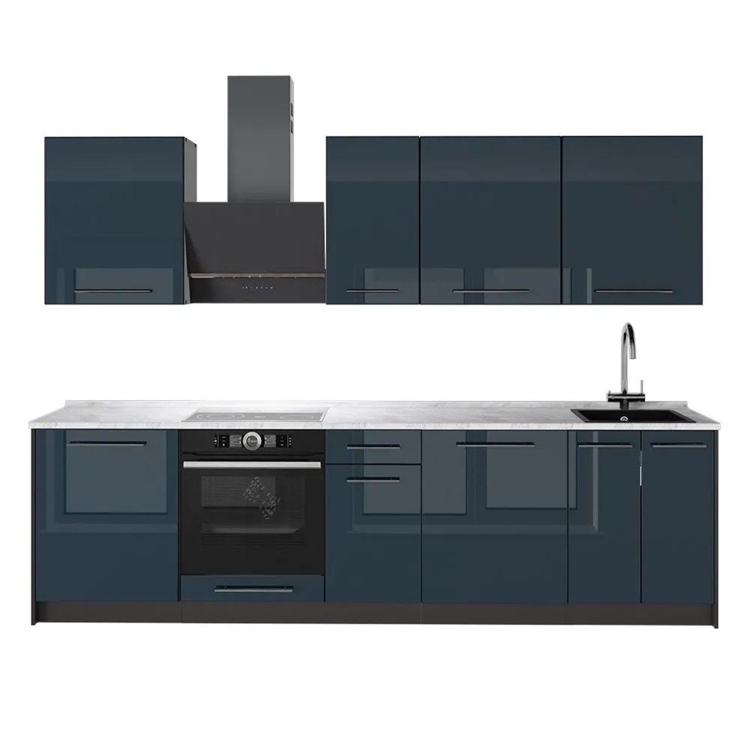 Vicco Küchenzeile Fame-Line Dunkelblau Hochglanz/Anthrazit 280 x 82 AP Marmor Art Nr 64171