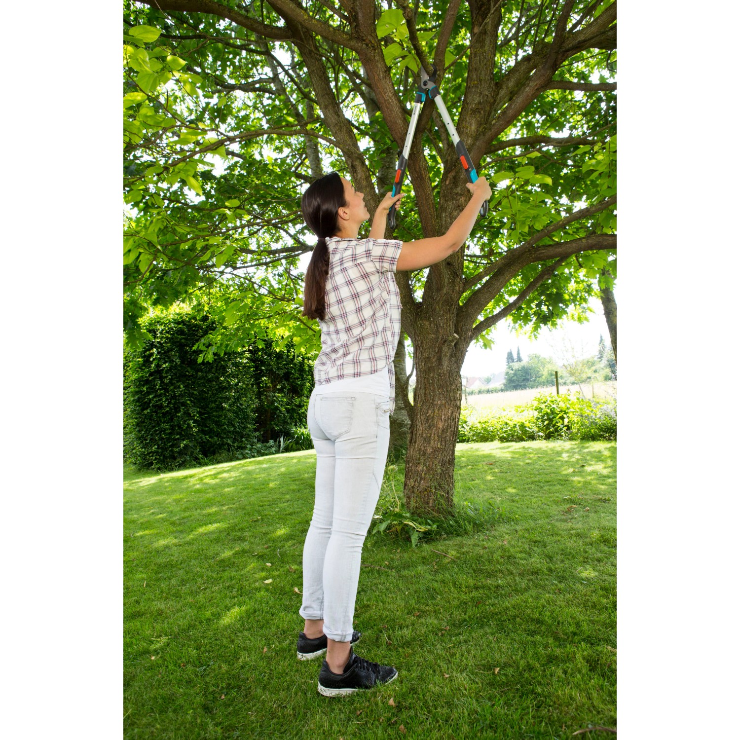 Frau schneidet Baumäste mit Gardena TeleCut Astschere im Garten.