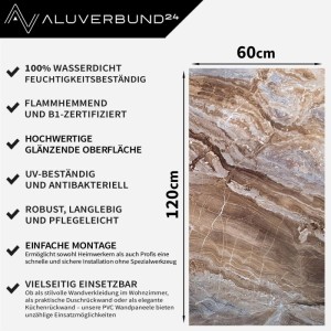 Hochglanz Wandpaneel Arabescato Brown in Marmor-Optik, 60x120cm, für Bad & Küche.
