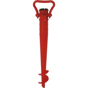 Roter, versenkbarer Schirmständer Chacas für Sonnenschirme, mit Griff und Erdanker.