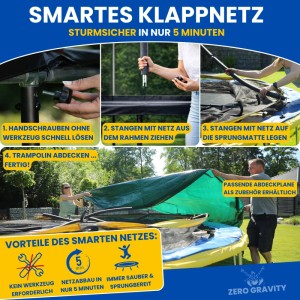 Zero Gravity Gartentrampolin: Smartes Klappnetz wird werkzeuglos in 5 Min. abgebaut und mit Abdeckplane geschützt.