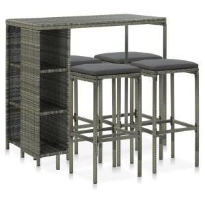 Graues 5-tlg. vidaXL Gartenbar-Set aus Polyrattan mit Tisch, 4 Hockern und anthrazitfarbenen Kissen.