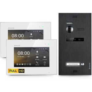 Balter EVO-HD Video-Türsprechanlage mit 2 Monitoren (7 Zoll) in Weiß und Schwarz.