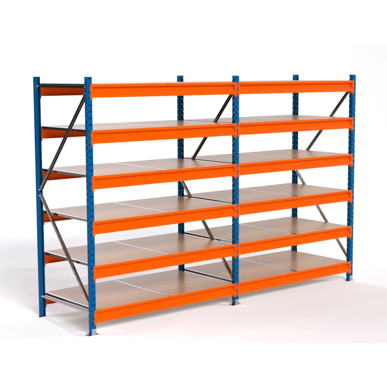 PROREGAL Industrie Weitspannregal Lagerregal MAXIMUS PRO Komplettregal 2 Felder HxBxT 200x300x80cm 6 Spanplatten-Fachboden Fachlast 850kg Blau/Orange