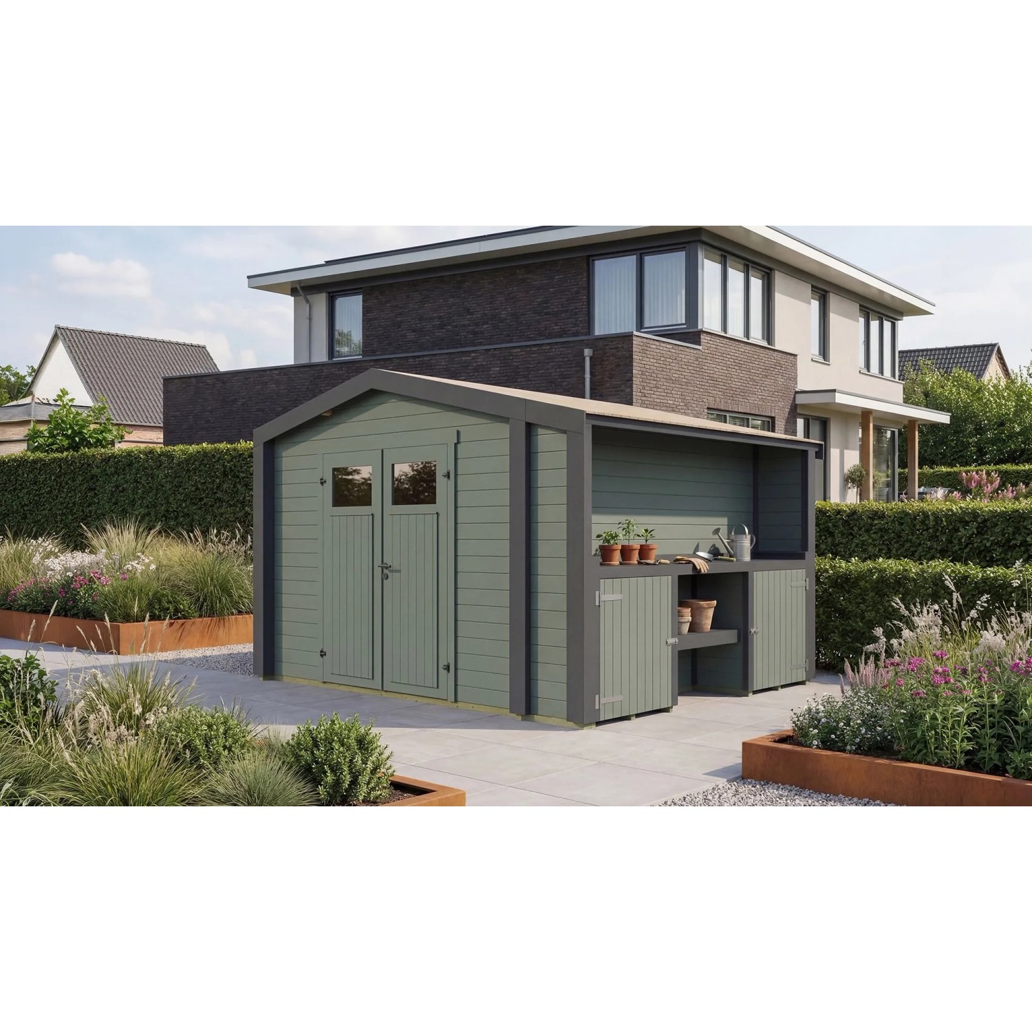 Weka Holz-Gartenhaus Killarney Satteldach Grau-Grün Lasiert 361 cm x 313 cm