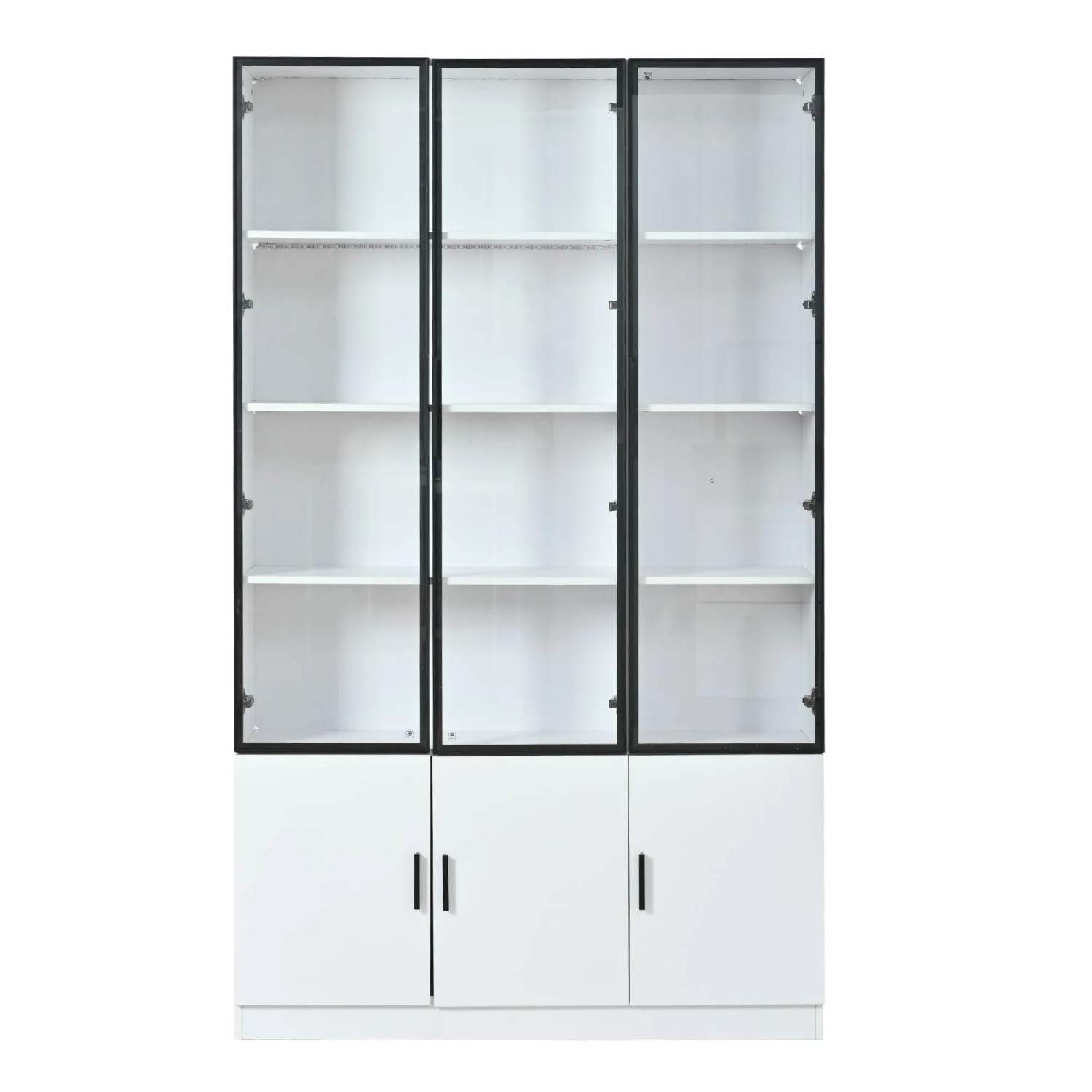 okwish Vitrine mit LED Beleuchtung Schranktüren Stauraum Wohnzimmer 120x32x200cm Weiß