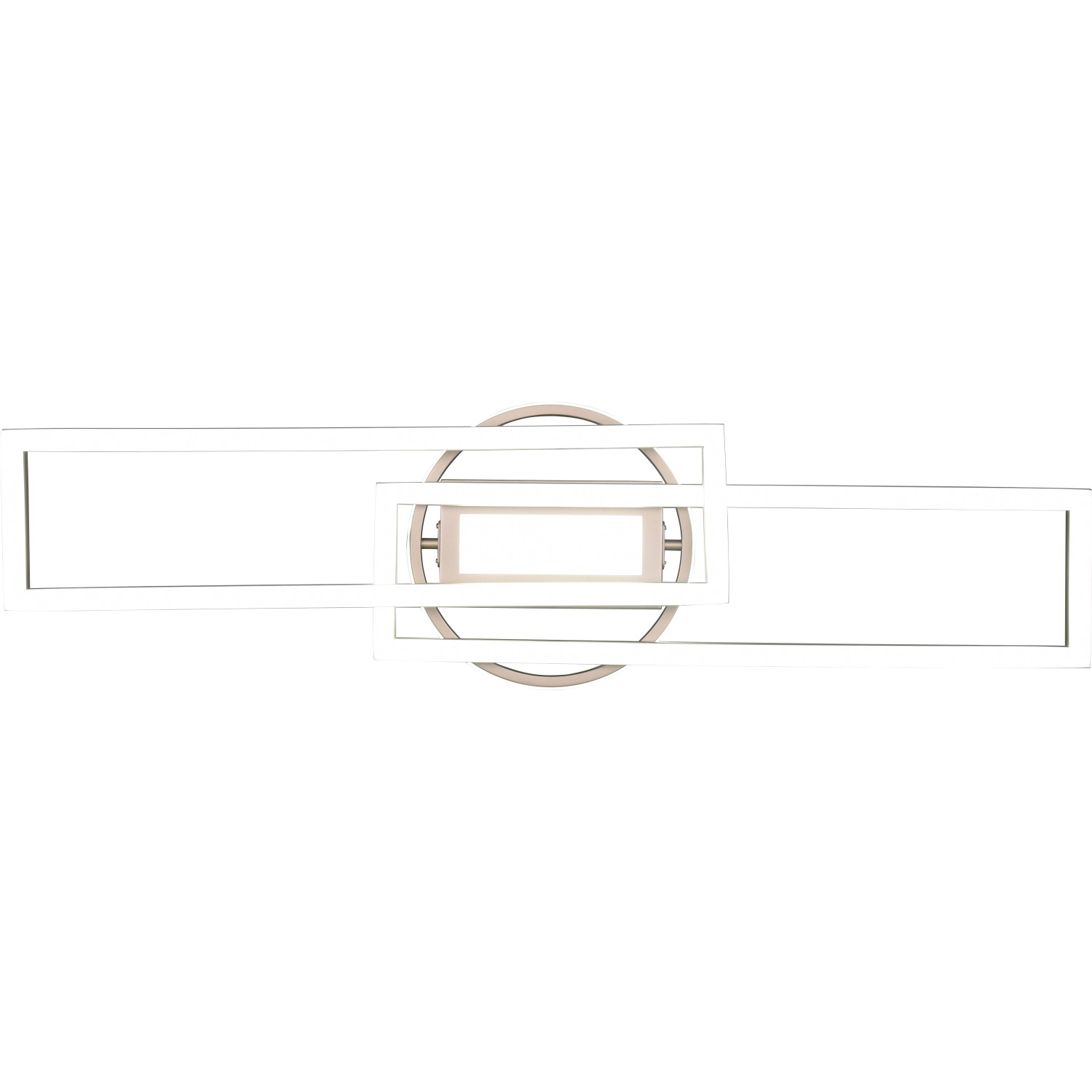 Moderne Reality LED Deckenleuchte Twister, Nickel matt, mit rechteckigen und runden Elementen.