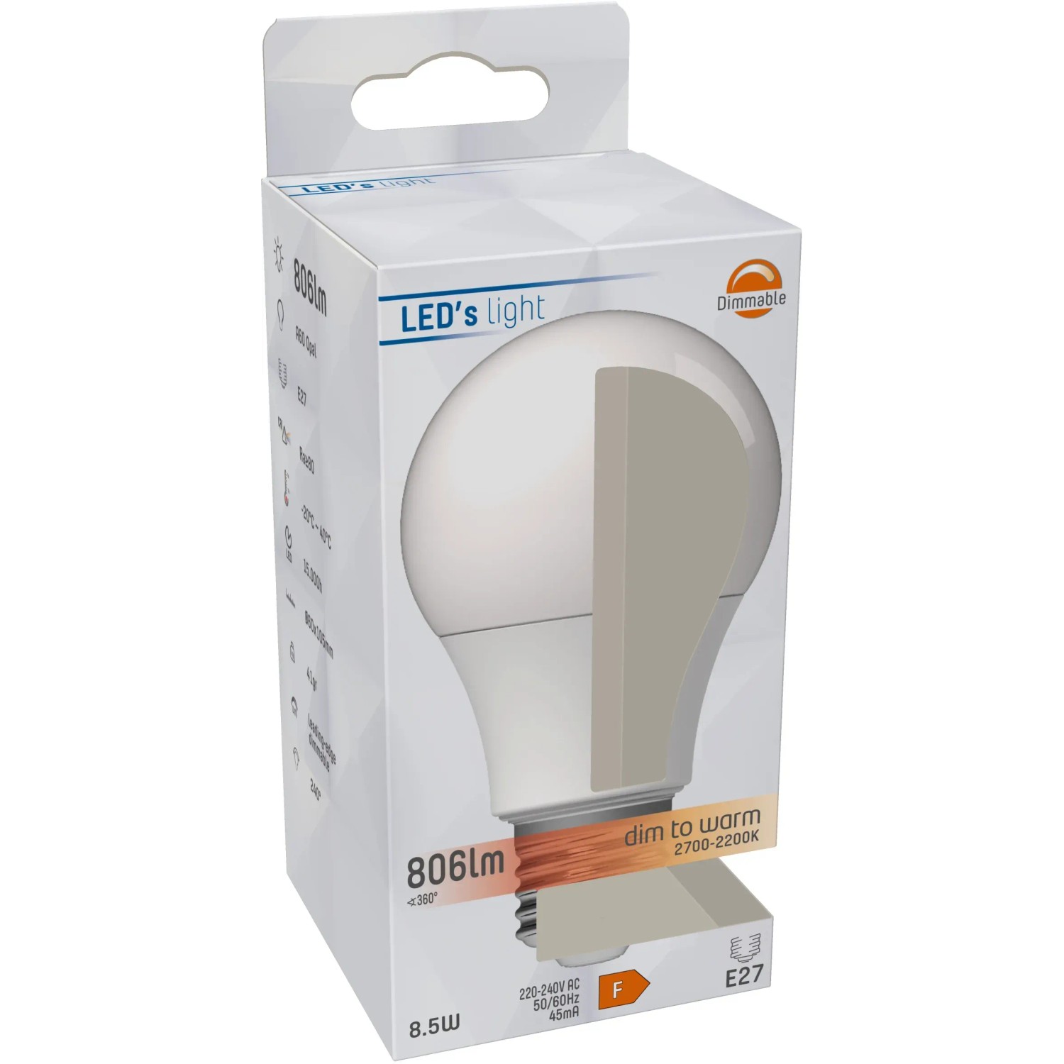 LED-Leuchtmittel E27 A60, 8,5W, dimmbar. Verpackung mit Produktabbildung.