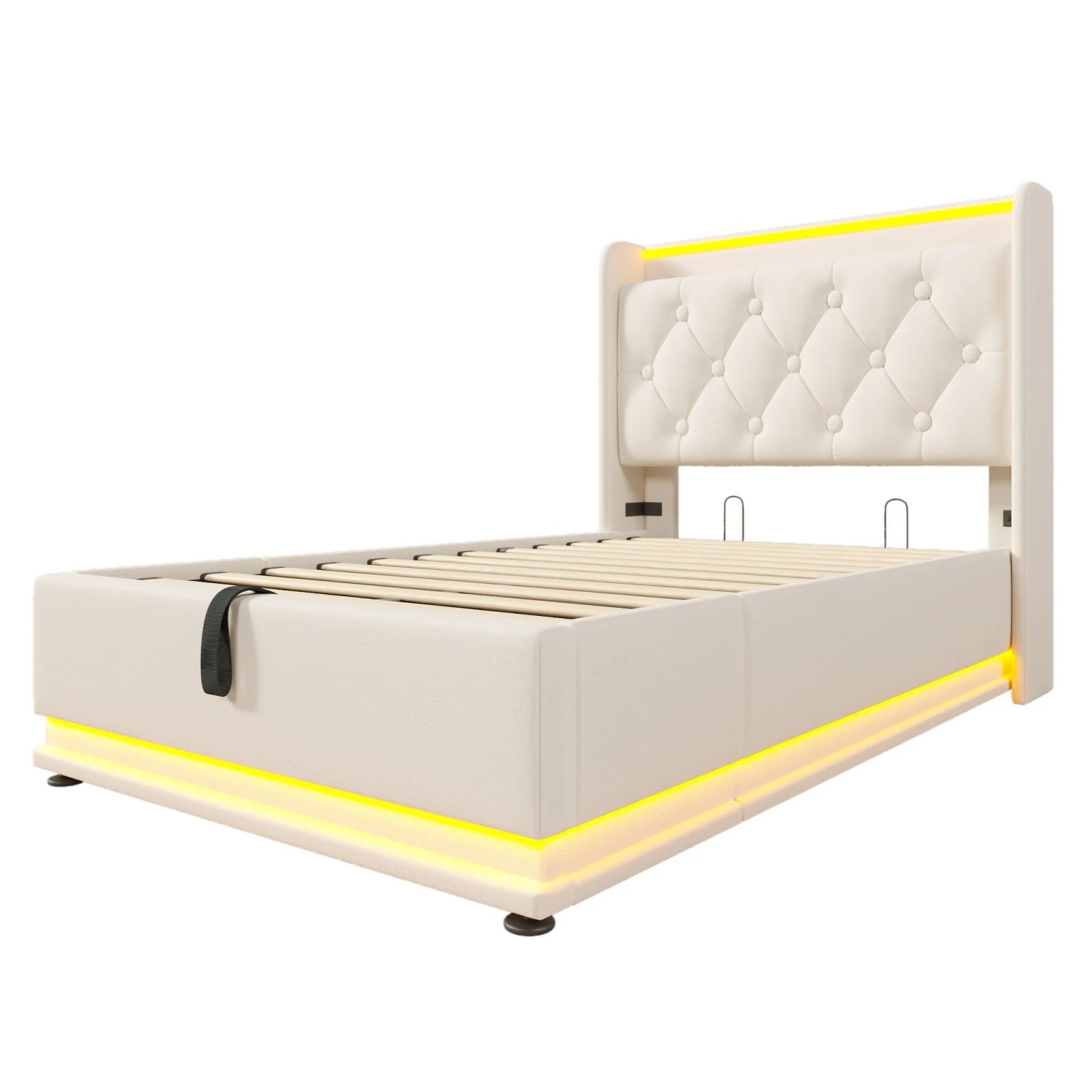 Okwish Polsterbett 90x200cm Mit Led Usb C Einzelbett Weiß Ohne Matratze