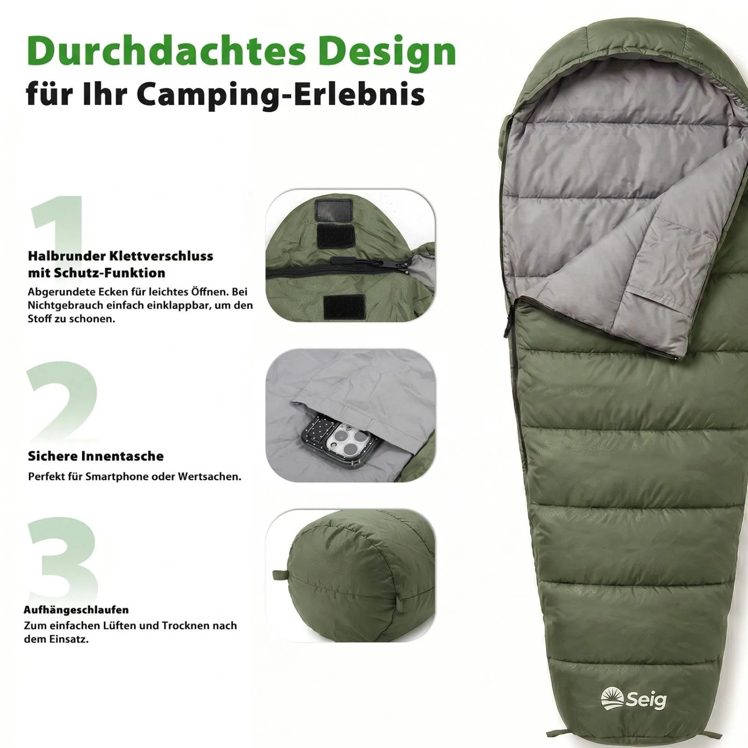 Grüner Sekey Mumienschlafsack, 220x80x50cm, ideal für Camping. Details: Klettverschluss, Innentasche, Aufhängeschlaufe.