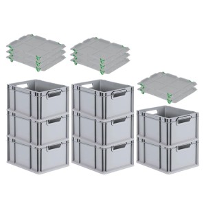 PROREGAL SuperSparSet: 8 graue Euroboxen mit Deckel und grünen Schnappverschlüssen, 20 Liter.