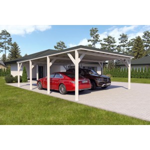 Holzbrüder Doppelcarport Ralf, reinweiß mit dornengrünem Blechdach, zwei Autos parken darunter.