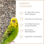Grüner Wellensittich neben Supravit Vogelgrit. Das Ergänzungsfutter unterstützt die Verdauung von Vögeln & Geflügel.