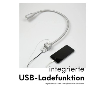 Silbergraue LED Bettleuchte mit flexiblem Arm und USB-Ladefunktion für Smartphones.