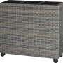 Anthrazit-beiger Polyrattan Pflanzkasten mit Rollen und 3 Pflanztöpfen, 82x28x72 cm.