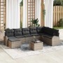 Graues 9-tlg. vidaXL Garten-Sofa-Set aus Poly Rattan mit Tisch und Kissen für Garten oder Terrasse.