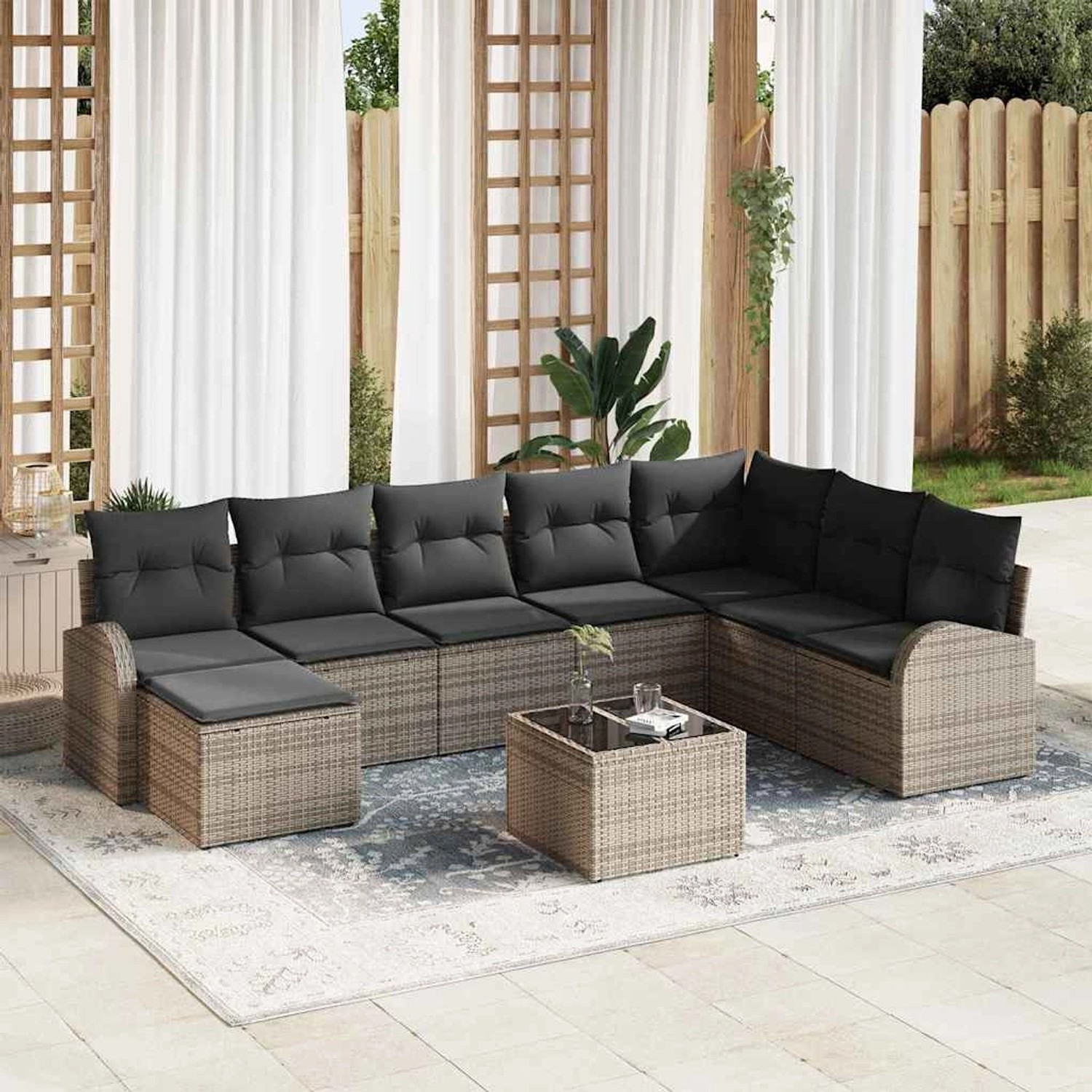 Graues 9-tlg. vidaXL Garten-Sofa-Set aus Poly Rattan mit Tisch und Kissen für Garten oder Terrasse.