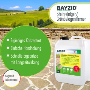 Bayzid Steinreiniger Grünbelag-Entferner, 4 x 5l Kanister. Reinigt Steine von Moos, Algen und Flechten.