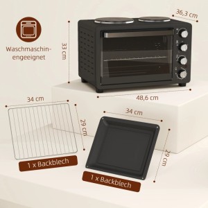 HOMCOM Minibackofen Edelstahl Hartglas Schwarz 48,6L x 36,3B x 33H cm