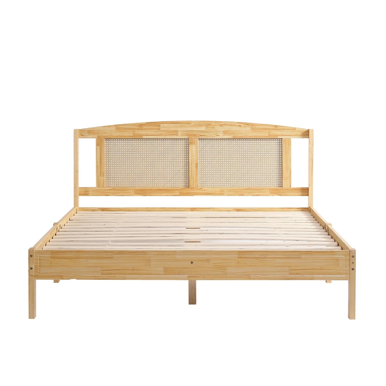 KOMHTOM Doppelbett  Rattanbett  Jugendbett  Erwachsenenbett 160x200Cm  Rattannetzkissen  Mit 15 Latten Und Mittelbeinen  Natur