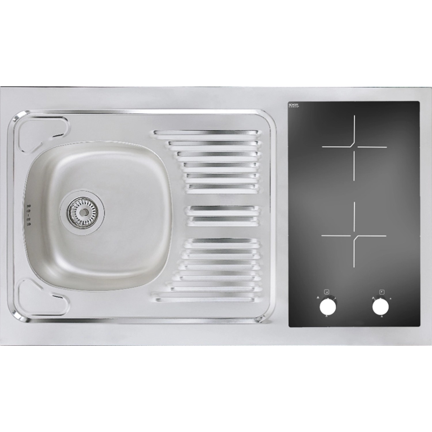 Respekta Schrankküche Spüle/Kochfeld Kombination aus Edelstahl, Aufsicht.