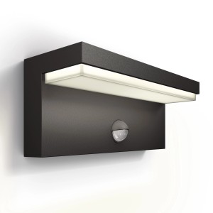 Moderne, anthrazitfarbene Philips LED Aussenwandleuchte mit Bewegungssensor.
