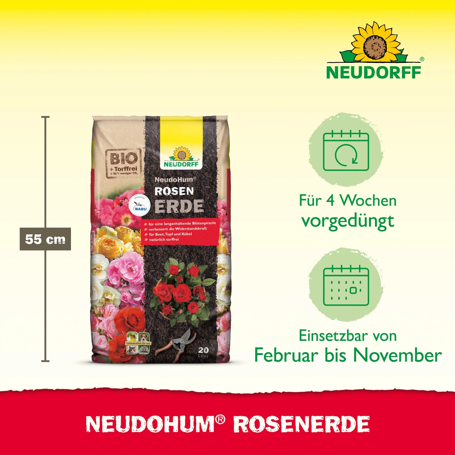 Sack Neudorff Neudohum Rosenerde 20 l, torffreie Bio-Rosenerde mit Mykorrhiza für kräftige Rosen.