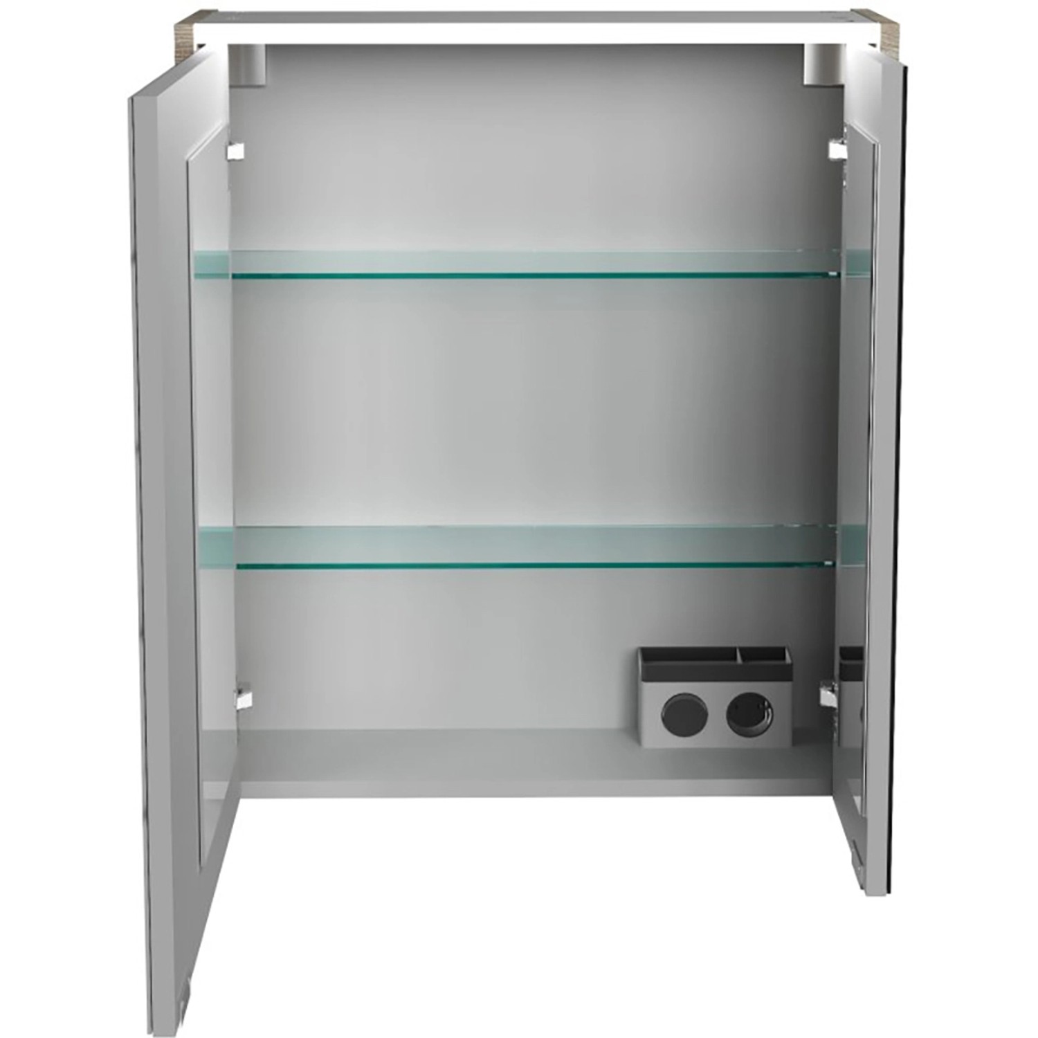 Offener Fackelmann Spiegelschrank Eiche Natur 60 cm mit zwei Glasböden und Softclose.