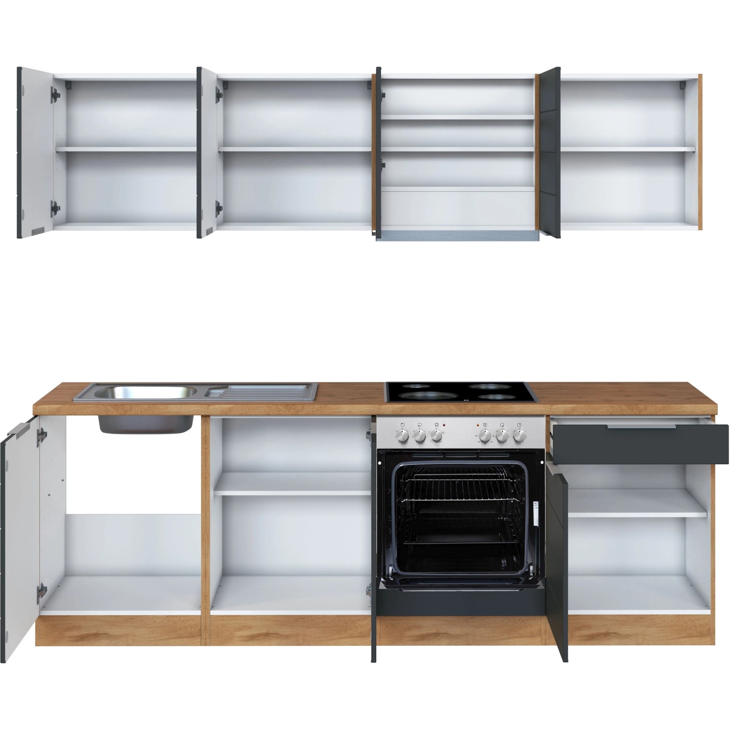Held Möbel Küchenzeile 240 cm in Grau-Wotaneiche Optik mit E-Geräten.