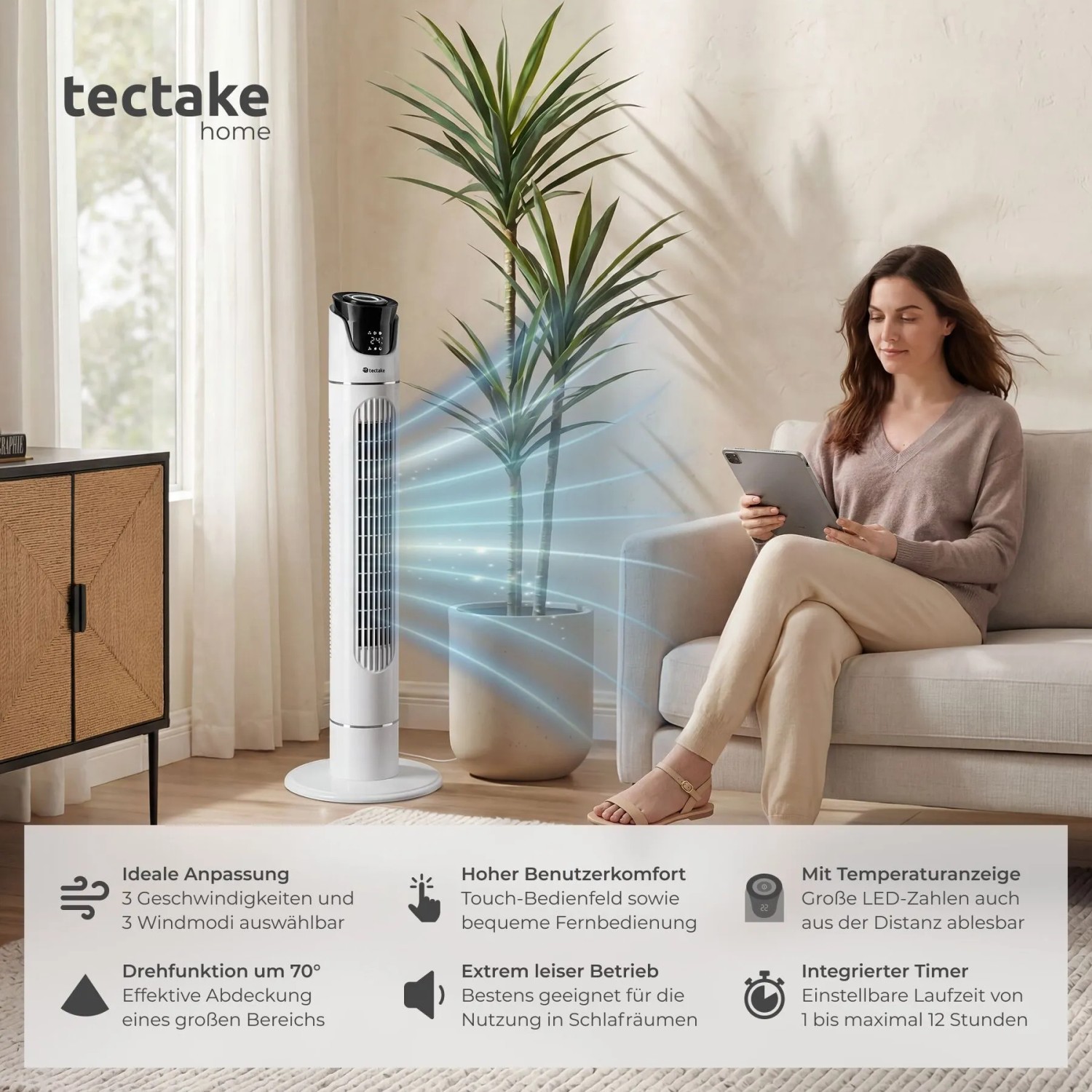 Tectake Turmventilator  Oszillierend 3 Modi und 3 Geschwindigkeitsstufen  31 x 31 x 110 cm Weiß_2