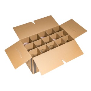 Brauner PROREGAL Gläserkarton mit Gefache, offen, gefüllt mit Gläsern. Stabile Umzugsverpackung für sicheren Transport.