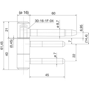 Technisches Diagramm des SFS Einbohrbands für Futtertüren, 2-teilig, 16 mm, Stahl Schwarz RAL 9005, mit Maßen.