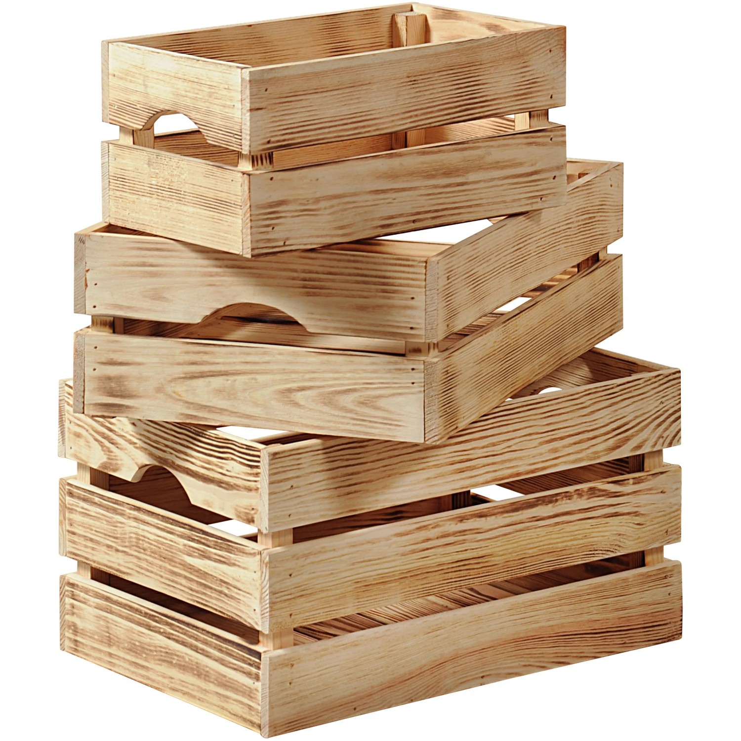 Gestapelte, geflammte Kesper Holzkisten aus Kiefernholz, 18 Liter, für Aufbewahrung.