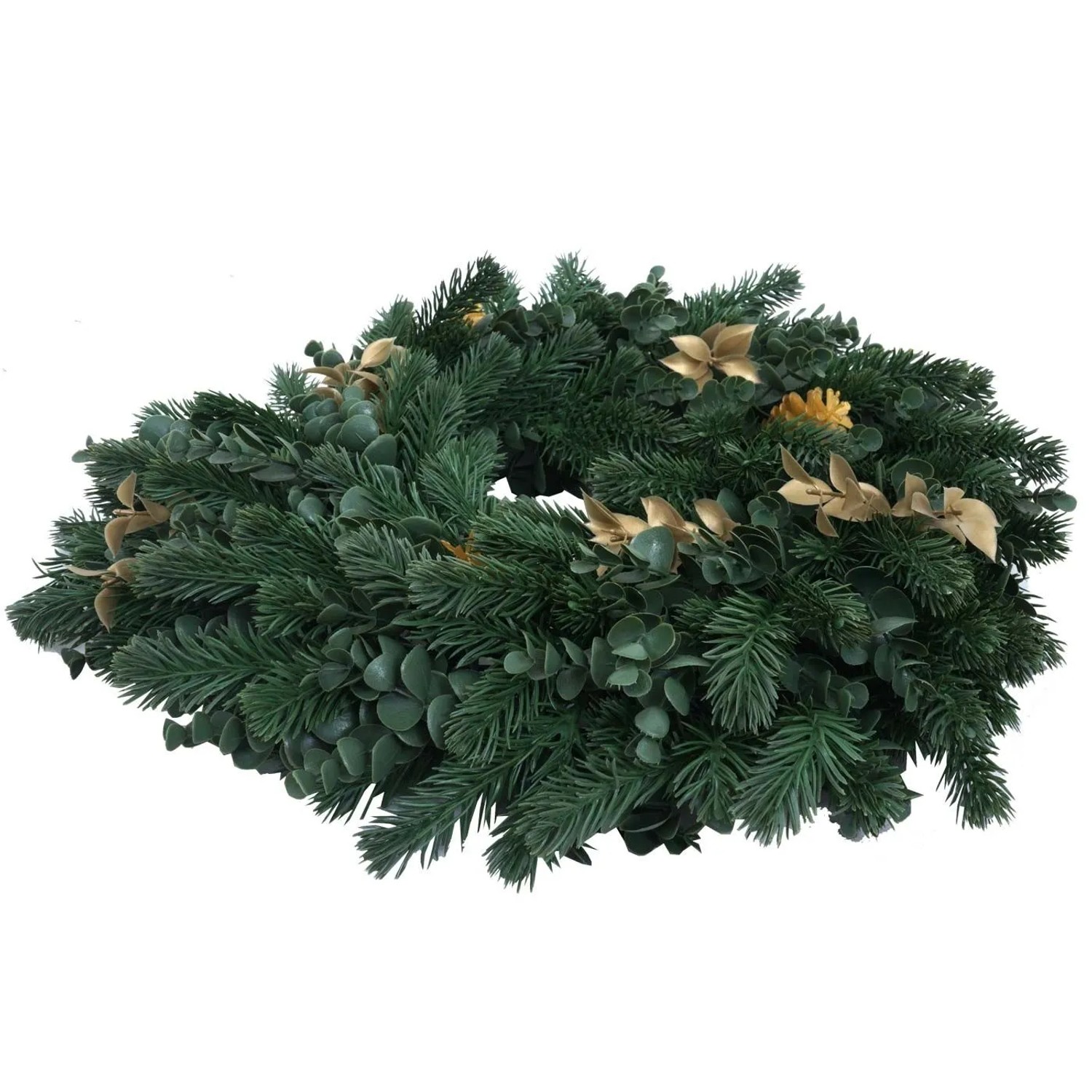 Runder künstlicher Weihnachtskranz Ø 60cm aus grüner Tanne mit goldfarbenen Zapfen und Dekoration.