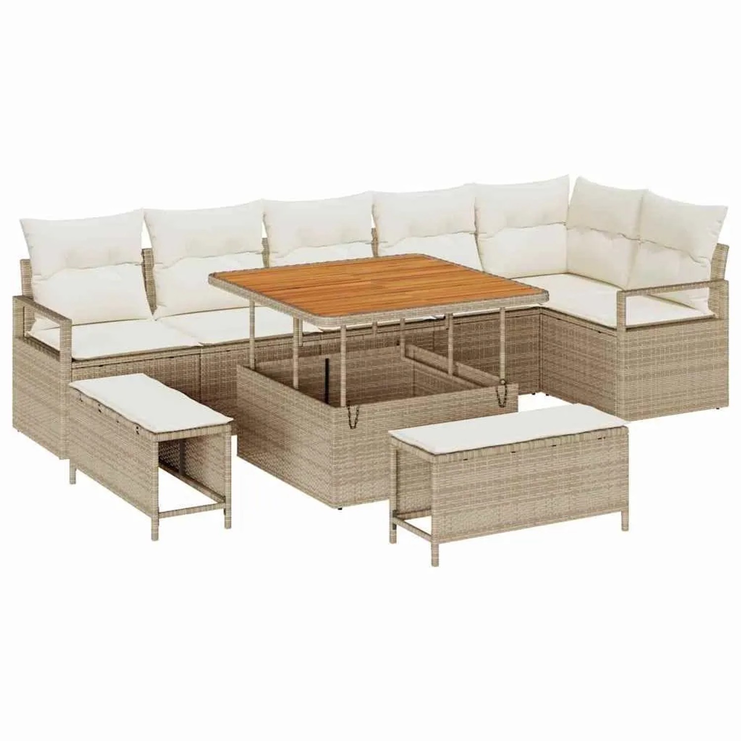 vidaXL Garten-Sofa-Set mit Kissen mit Speicher 9-Tlg Beige und Creme 3364486