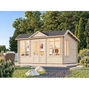 Palmako Gartenhaus Claudia Pent, 400x300 cm, naturbelassen, mit Fenster und Doppeltür im Garten.