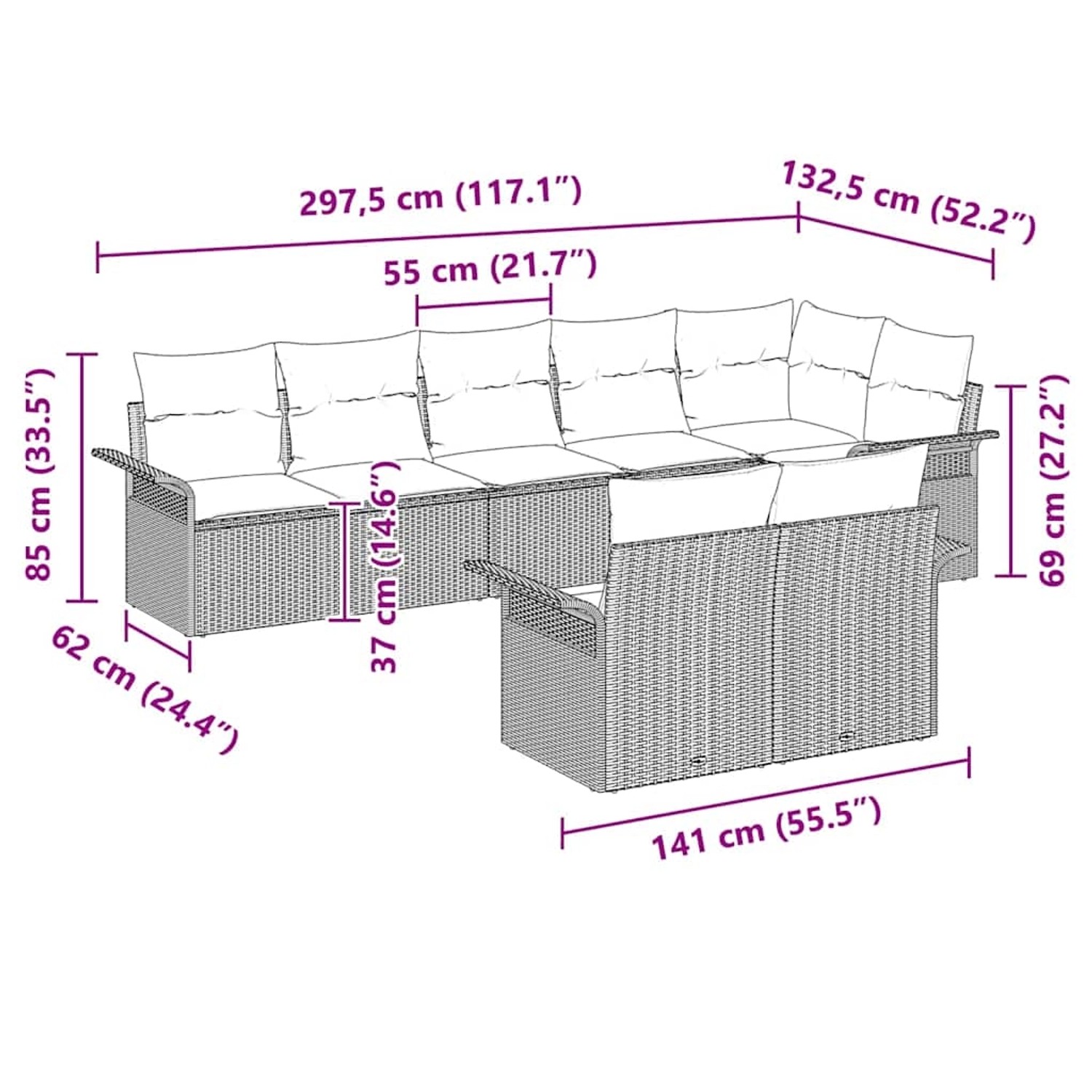 vidaXL Gartensofa-Set, 8-teilig, schwarz, Poly Rattan. Gartenmöbel mit Kissen und modularen Elementen.