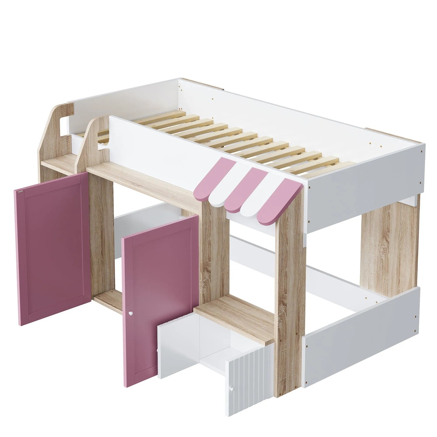 okwish Hausbett 90x200cm mit Kletterleiter Stauraum Kinderzimmer Holz Rosa ohne Matratze