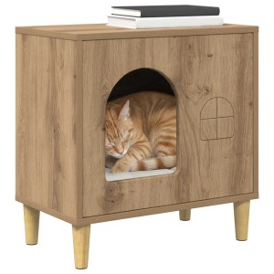 vidaXL Katzenhaus Kunsthandwerk Eiche aus Holzwerkstoff mit schlafender Katze. Gemütlicher Schlafplatz für drinnen.