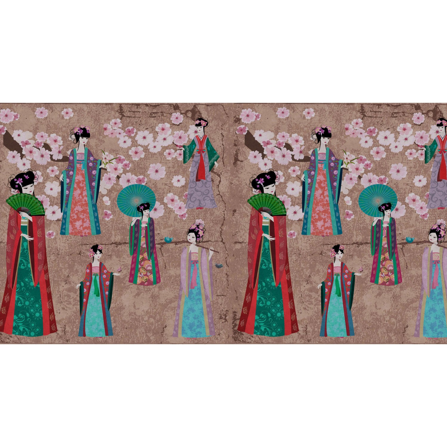 Fototapete Japan Blüten Kimono Geisha Braun Rot Blau 5,00 m x 2,70 m FSC®