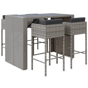 Graues 5-tlg. vidaXL Gartenbar-Set aus Polyrattan mit Tisch, Hockern und Kissen.