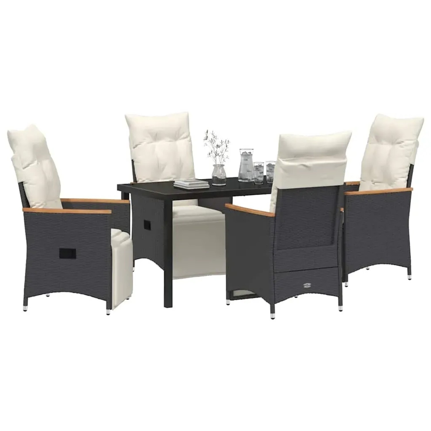 Schwarze 5-tlg. Garten Essgruppe aus Polyrattan mit Tisch und Stühlen mit Kissen.