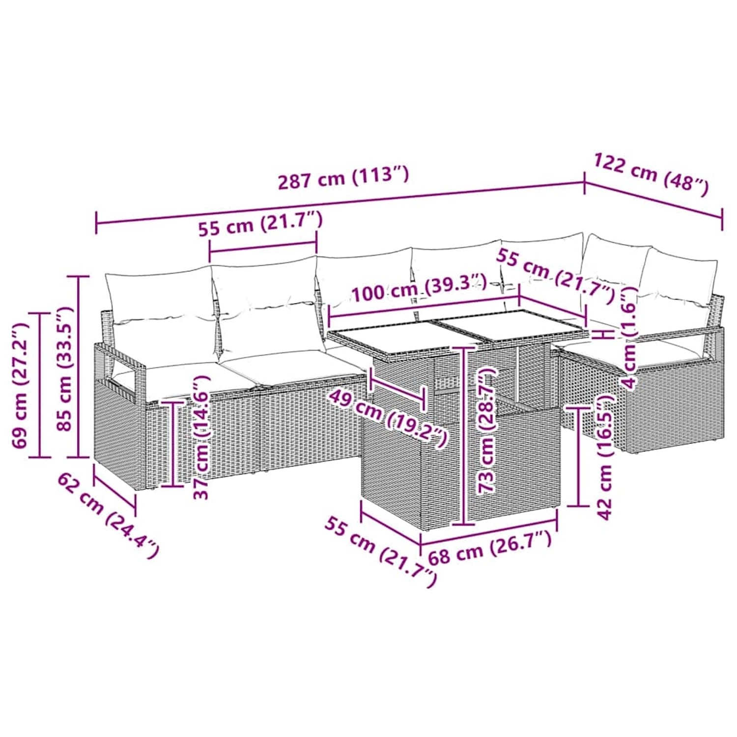 Beiges 7-teiliges vidaXL Garten-Sofa-Set mit Tisch und Stauraum aus Polyrattan.
