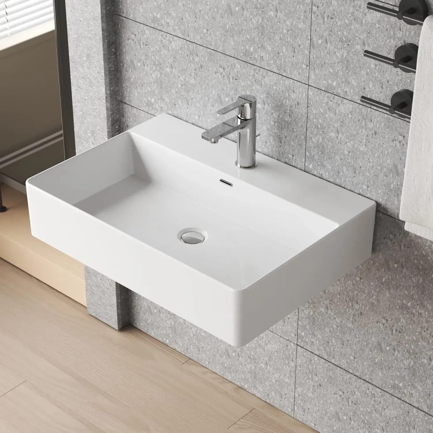 Rechteckiges, weißes Aquabatos Waschbecken aus Keramik mit Hahnloch und Überlauf.