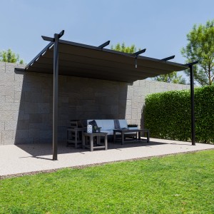 Graue Gardengate Anbaupergola Vittal aus Aluminium/Textil, 400x300 cm, mit Sonnendach.