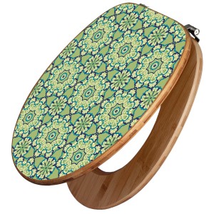 Banjado WC-Sitz aus Bambus mit grünem Kaleidoskop-Muster. Toilettendeckel aus Holz mit Universal Scharnieren.