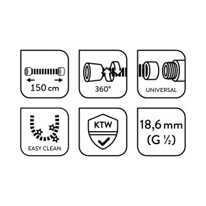 Piktogramme: Baliv Brauseschlauch BSL-150.20 Eigenschaften (150cm, 360° Schutz, Universal, Easy Clean, KTW)
